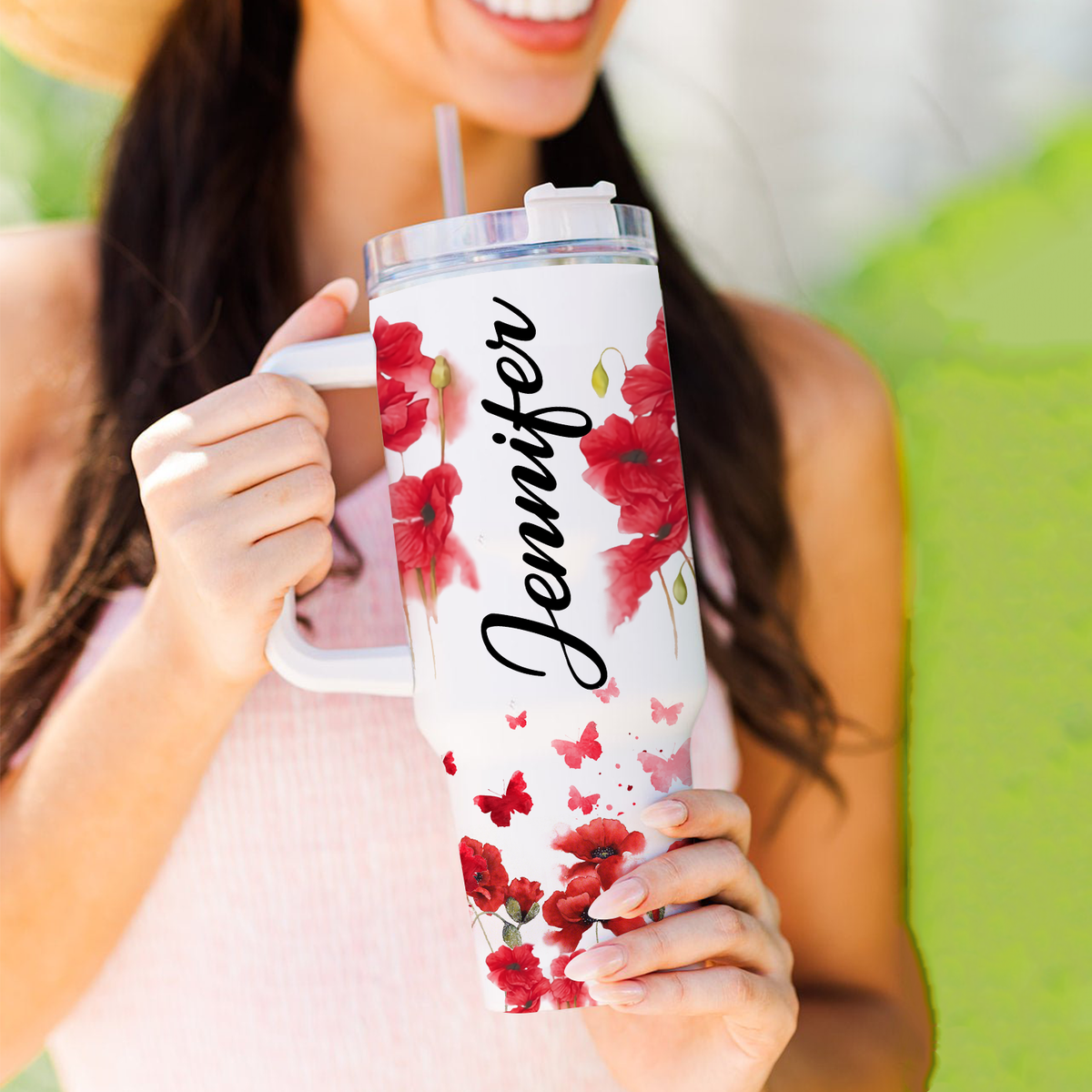 Poppy flower Old rugged cross - 40 Oz Tumbler With Handle - Personalized Stainless Steel Tumbler