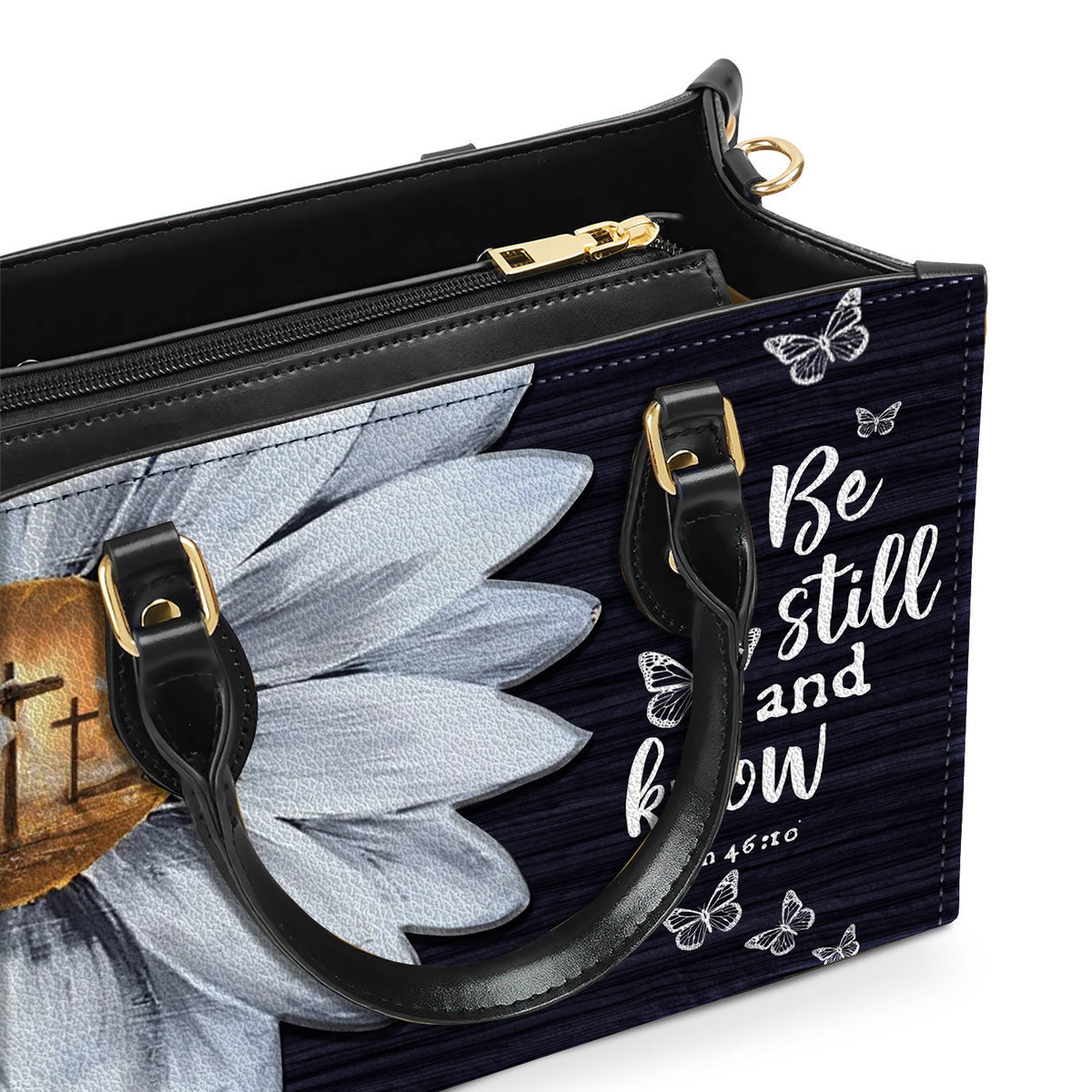 Daisy Flower Be Still and Know Personalized Leather Handbag With Handle Christian Gift Religious Gift For Women