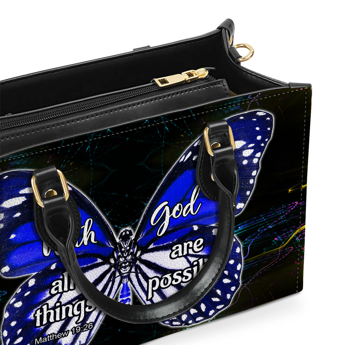 Purple Butterfly All Things Are Possible Zippered Leather Handbag With Handle Christian Gift Religious Gift For Women