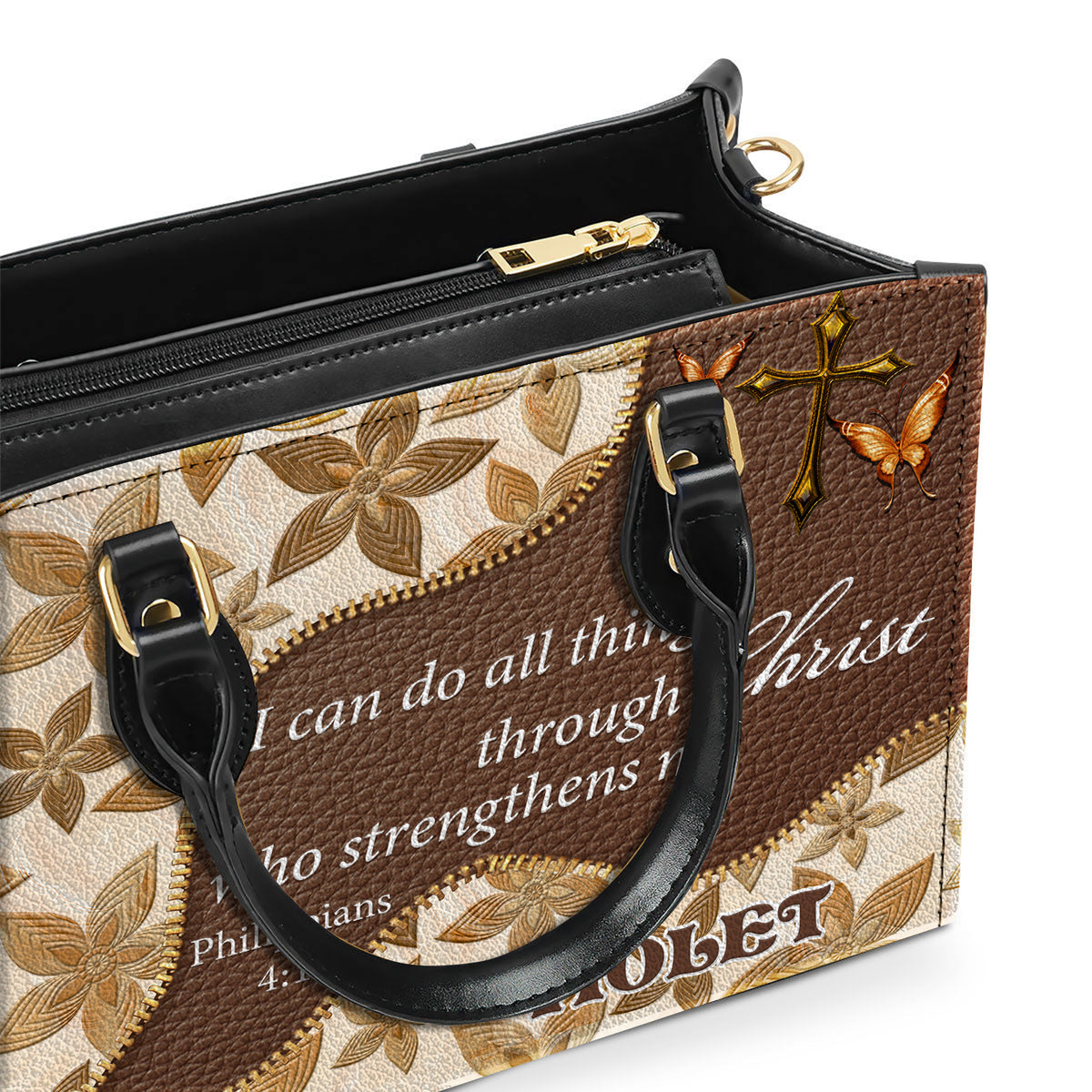 I can do all things Personalized Zippered Leather Handbag With Handle Christian Gift Religious Gift For Women