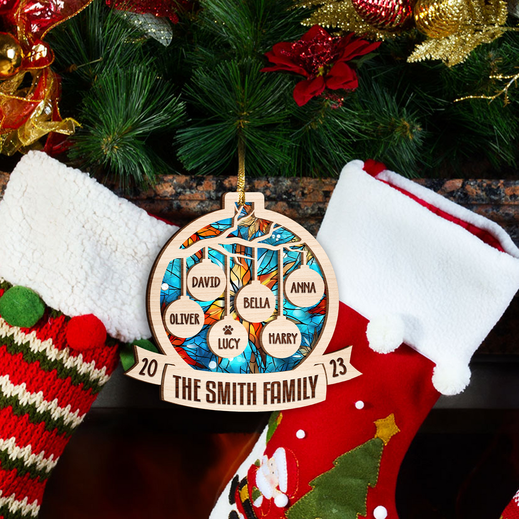 Christmas Family Stained Glass Custom Two Layers Suncatcher Ornament Christmas Ornament Car Hanging Ornament