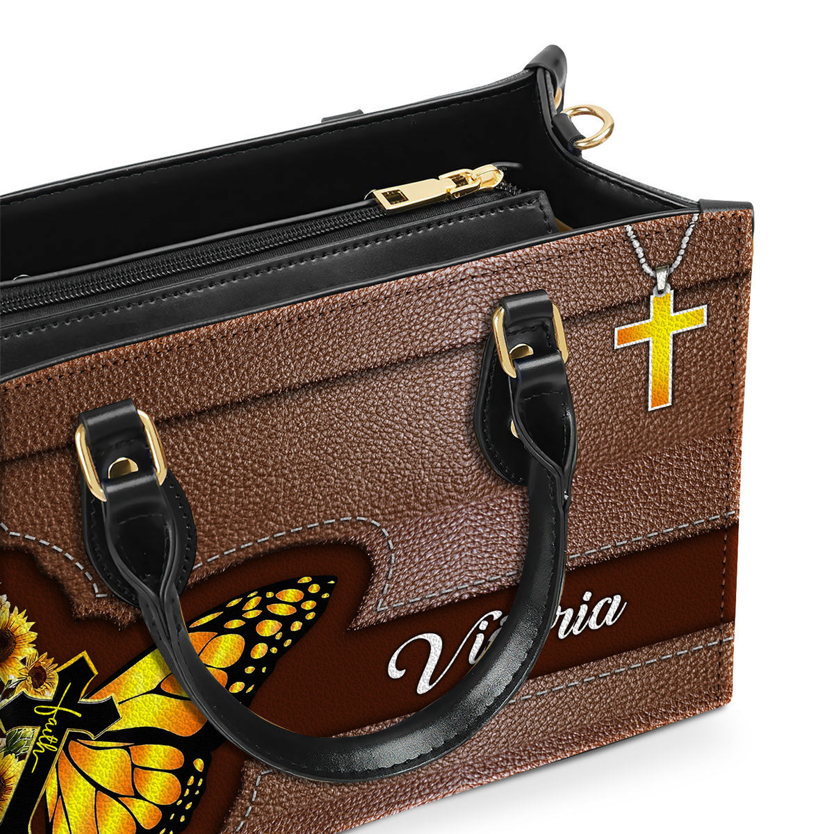 Sunflower Butterfly Personalized Leather Handbag With Handle Religious Gifts For Christian Women