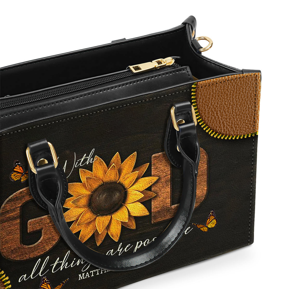 Sunflower All Things Are Possible Zippered Leather Handbag With Handle Christian Gift Religious Gift For Women