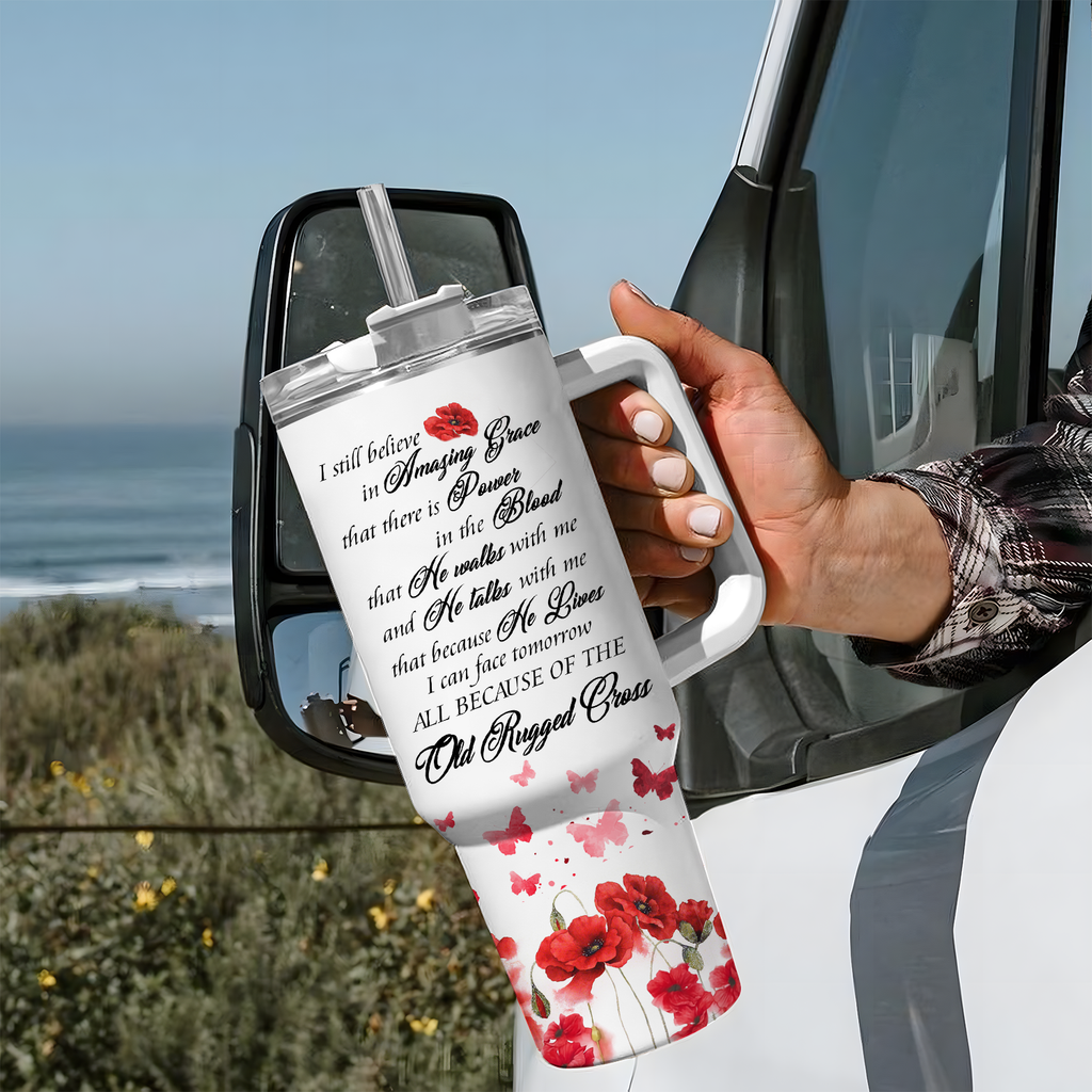 Poppy flower Old rugged cross - 40 Oz Tumbler With Handle - Personalized Stainless Steel Tumbler