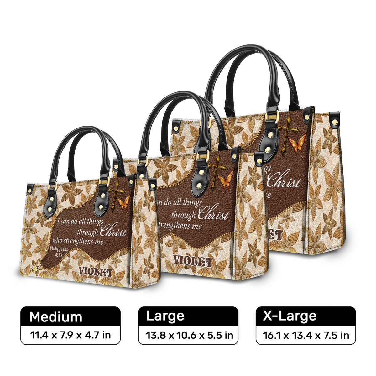 I can do all things Personalized Zippered Leather Handbag With Handle Christian Gift Religious Gift For Women