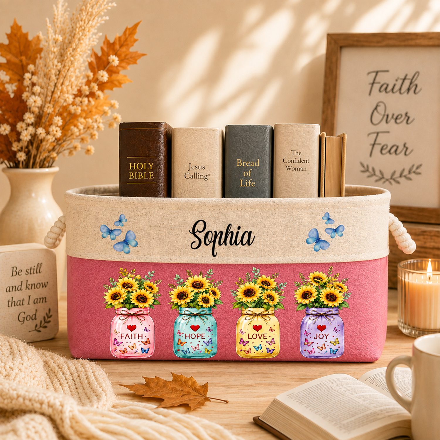 Custom Storage Basket - Personalized Faith Hope Love Bible Flower Book Basket - Gifts for Jesus Lovers, Bookish Lovers
