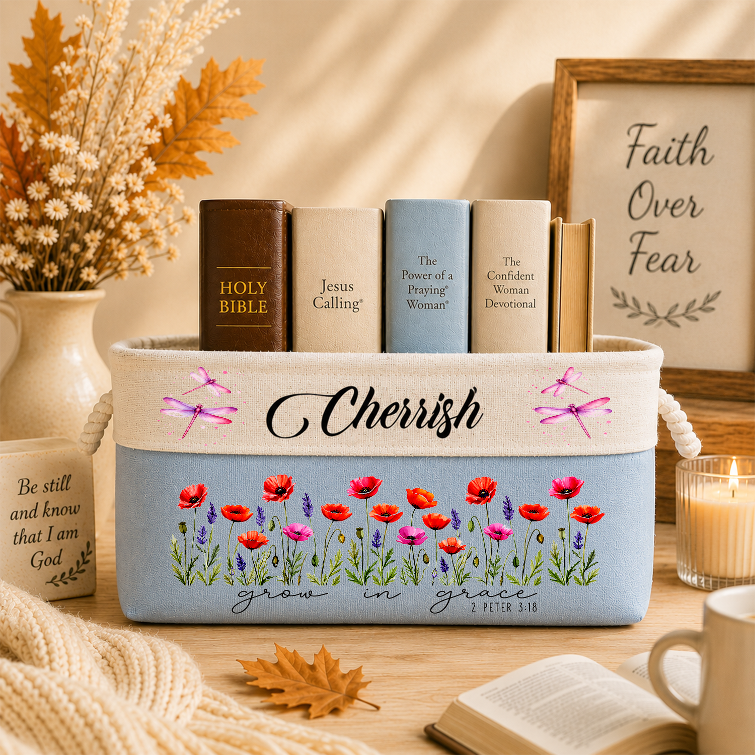 Custom Storage Basket - Personalized Grow In Grace Bible Flower Book Basket - Gifts for Jesus Lovers, Bookworms, women
