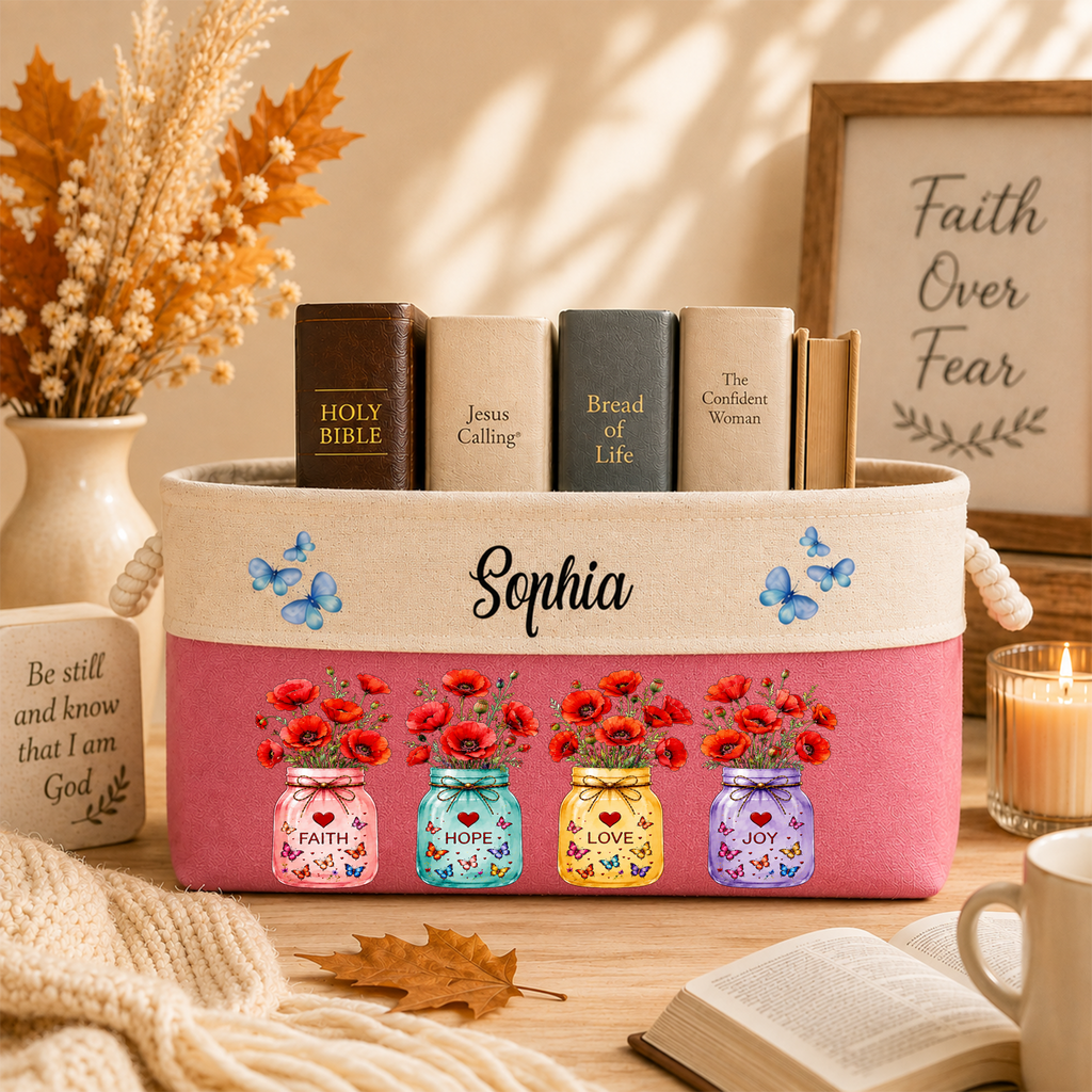 Custom Storage Basket - Personalized Faith Hope Love Bible Flower Book Basket - Gifts for Jesus Lovers, Bookish Lovers