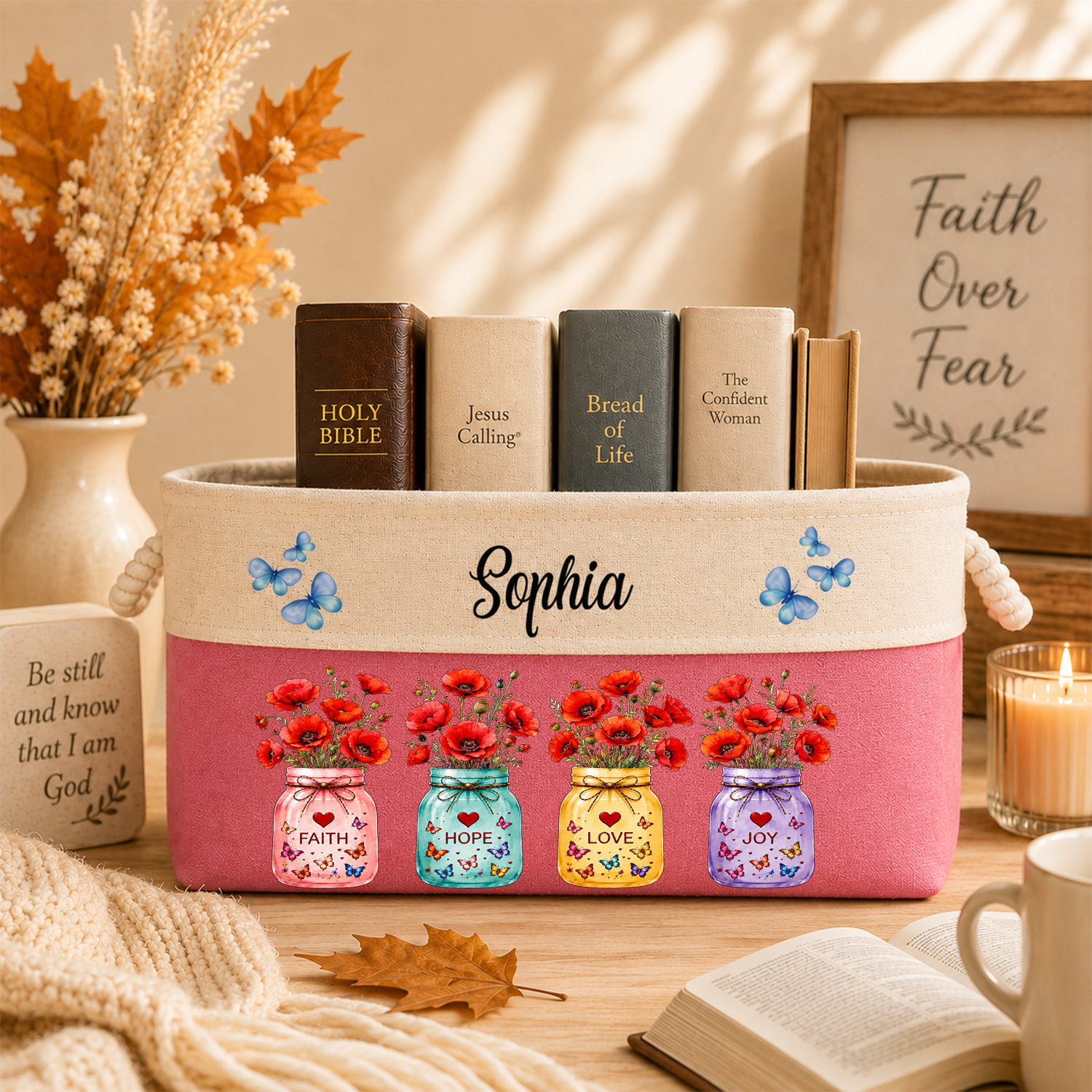 Custom Storage Basket - Personalized Faith Hope Love Bible Flower Book Basket - Gifts for Jesus Lovers, Bookish Lovers
