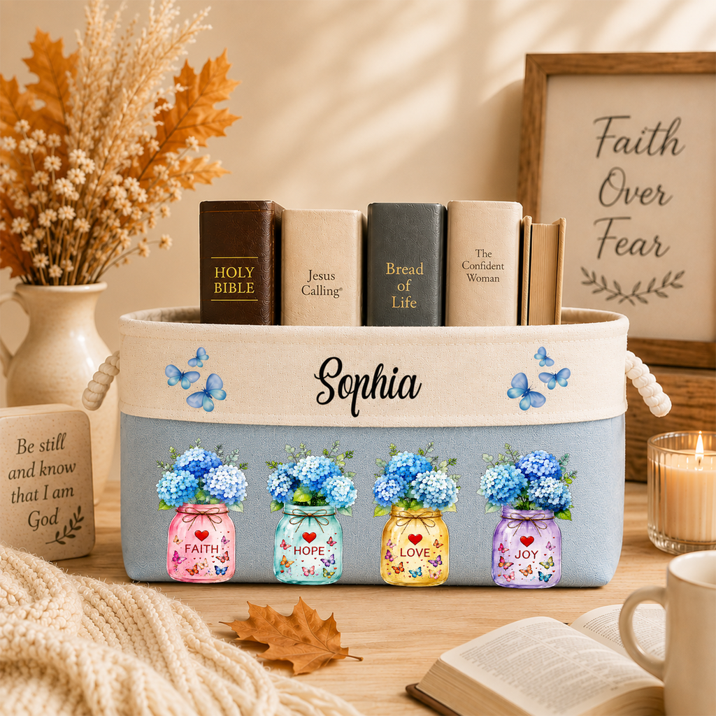 Custom Storage Basket - Personalized Faith Hope Love Bible Flower Book Basket - Gifts for Jesus Lovers, Bookish Lovers