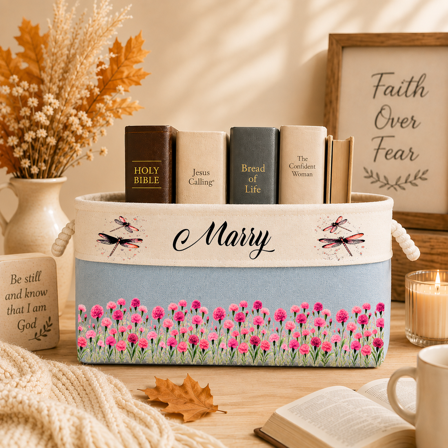Custom Storage Basket - Personalized Birth Month Flower Book Basket - Gifts for Birthday, Bookworms, women