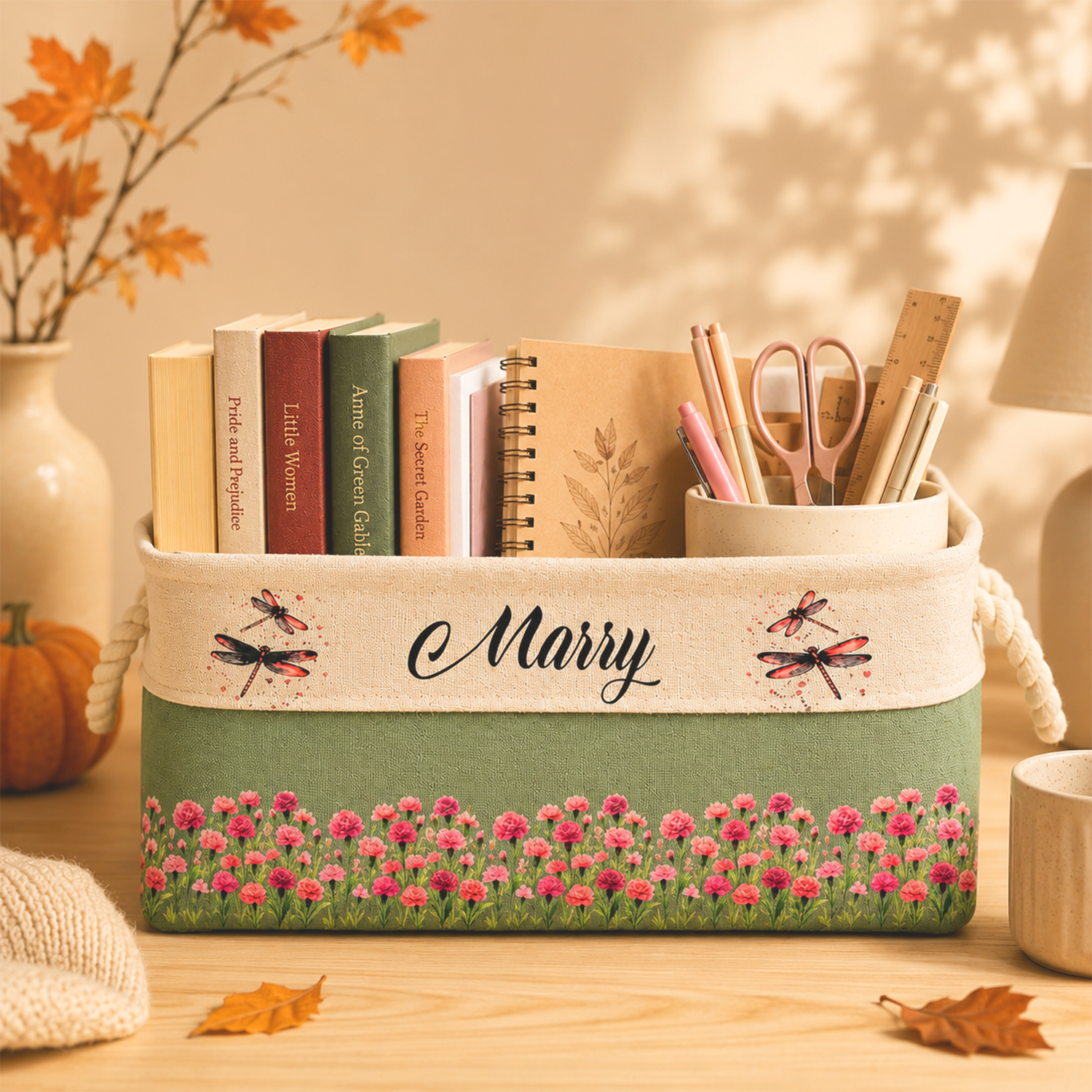 Custom Storage Basket - Personalized Birth Month Flower Book Basket - Gifts for Birthday, Bookworms, women