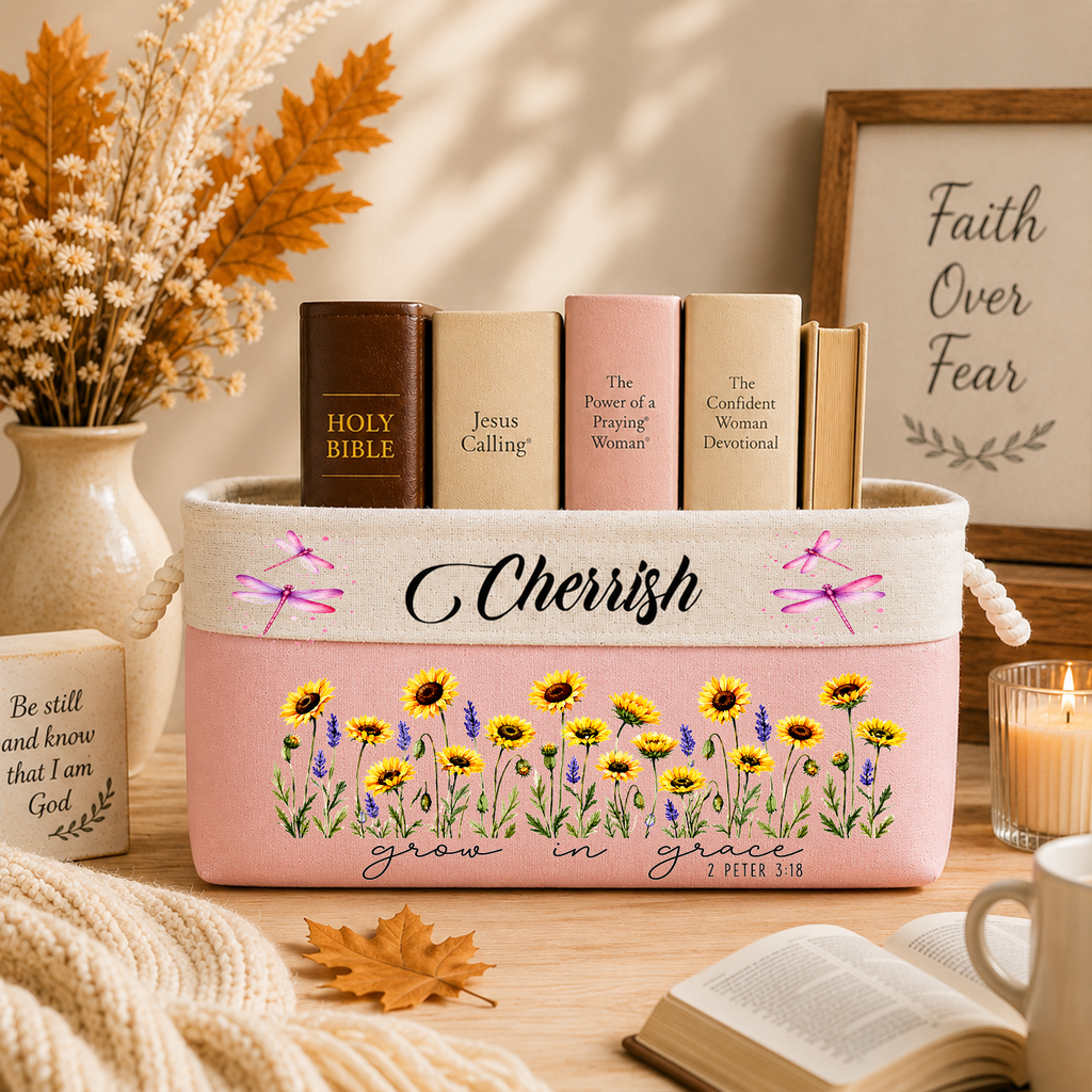 Custom Storage Basket - Personalized Grow In Grace Bible Flower Book Basket - Gifts for Jesus Lovers, Bookworms, women