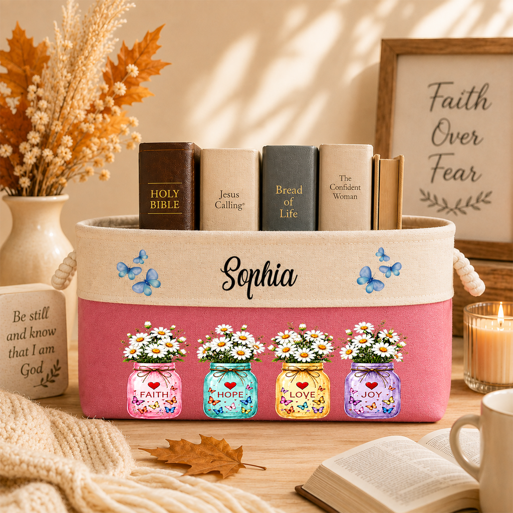 Custom Storage Basket - Personalized Faith Hope Love Bible Flower Book Basket - Gifts for Jesus Lovers, Bookish Lovers