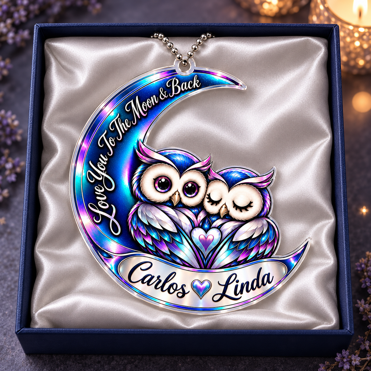 Personalized Names Blue Owl Couple Moon Ornament – Anniversary Keepsake