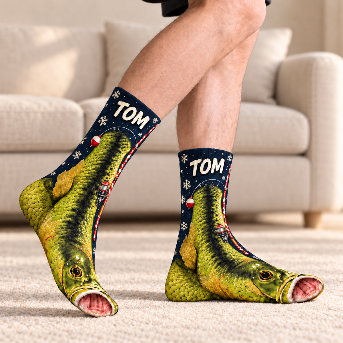 Personalized Largemouth Trout Fishing Reel Middle Tube Socks for Men & Women - Christmas Gift for Fishing Lovers
