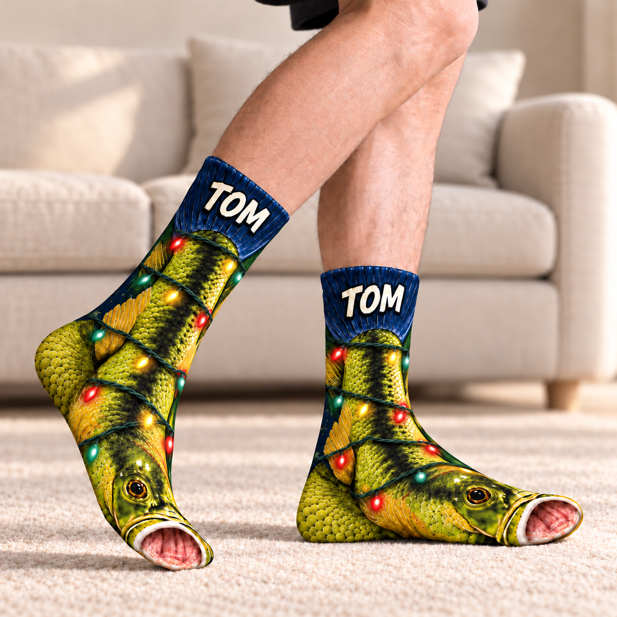 Personalized Funny Xmas Light with Largemouth Trout Fishing Middle Tube Socks for Men & Women - Christmas Gift for Fishing Lovers