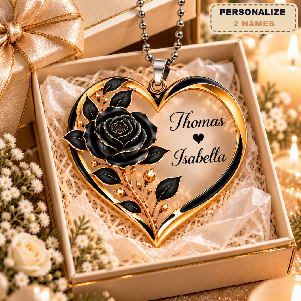 Personalized Names Black Rose Heart Ornament - Romantic Gift for Couple
