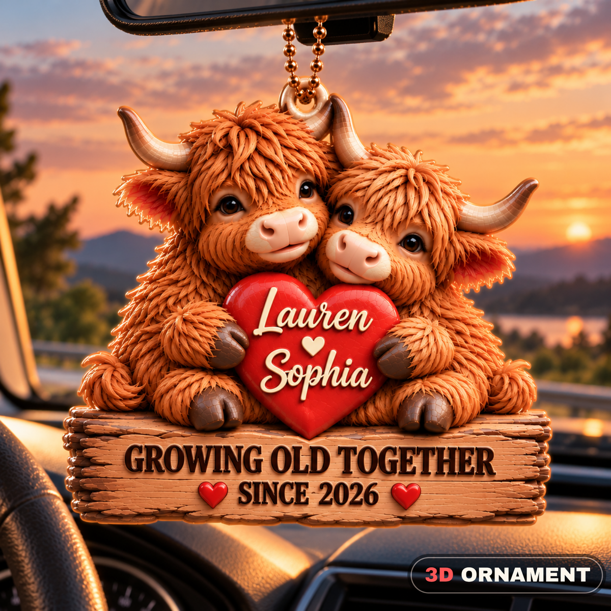 Personalized Names Highland Cow Couple 3D Ornament – Growing Old Together