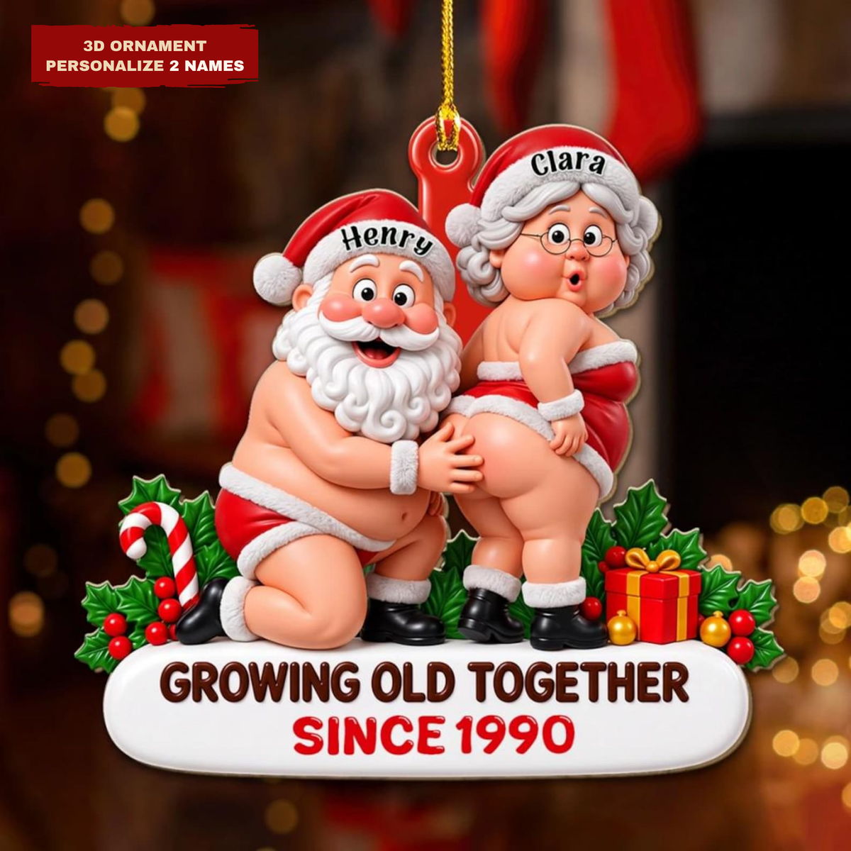 Personalized Funny Santa Couple 3D Ornament, Growing Old Together Since Ornament, Gift for Couple, Husband,