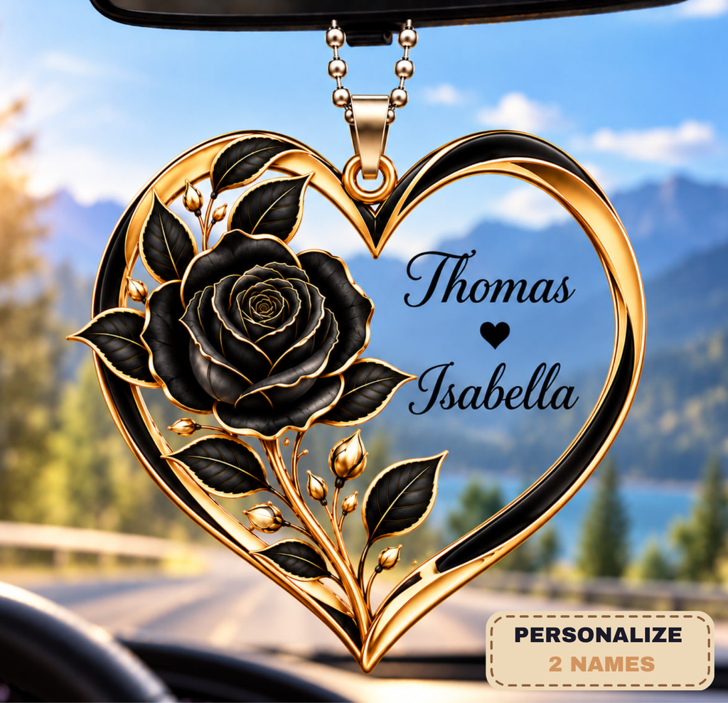 Personalized Names Black Rose Heart Ornament - Romantic Gift for Couple