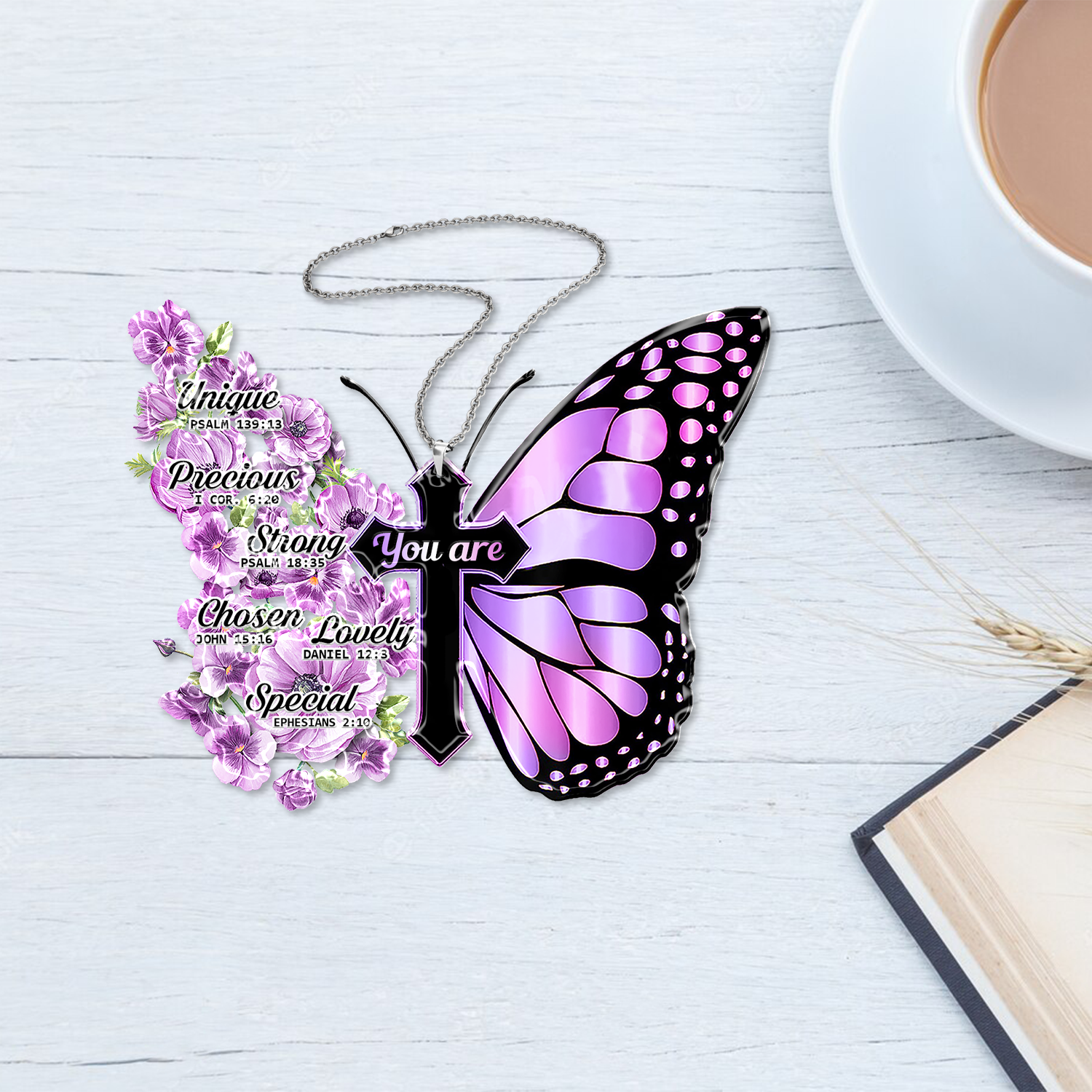 Pansies Butterfly Faith Cross Ornament