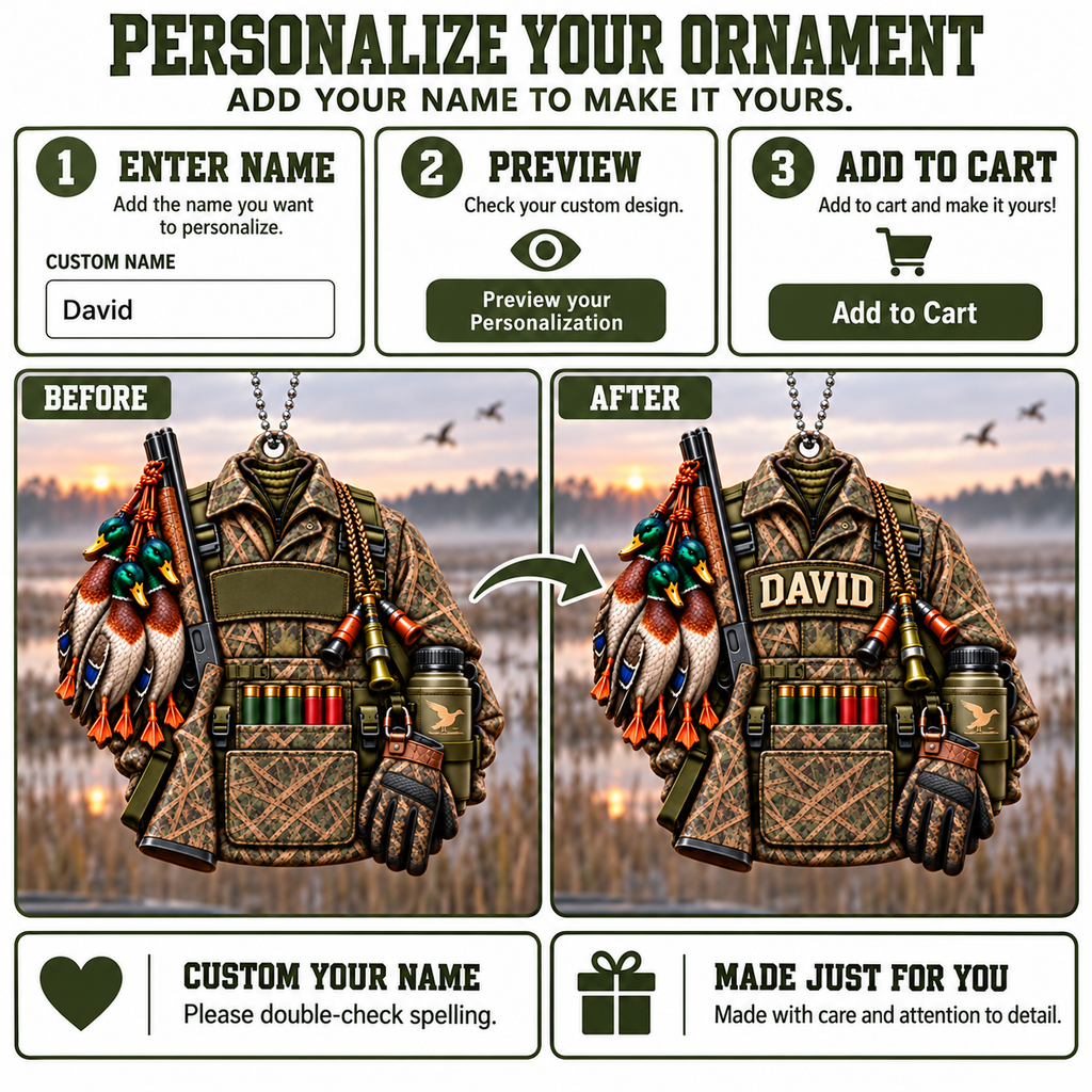 3D Raised Personalized Name Ornament - Mallard Ducks Camo Jacket Ornament - Hunting Gift for Him & Her