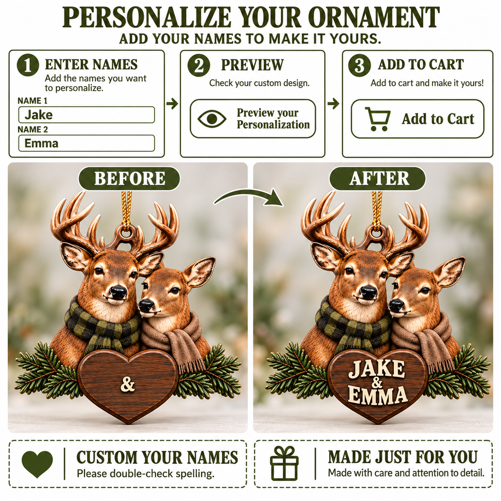 3D Raised Personalized Names Buck & Doe Couple Deer Hunter Ornament - Anniversary Gift
