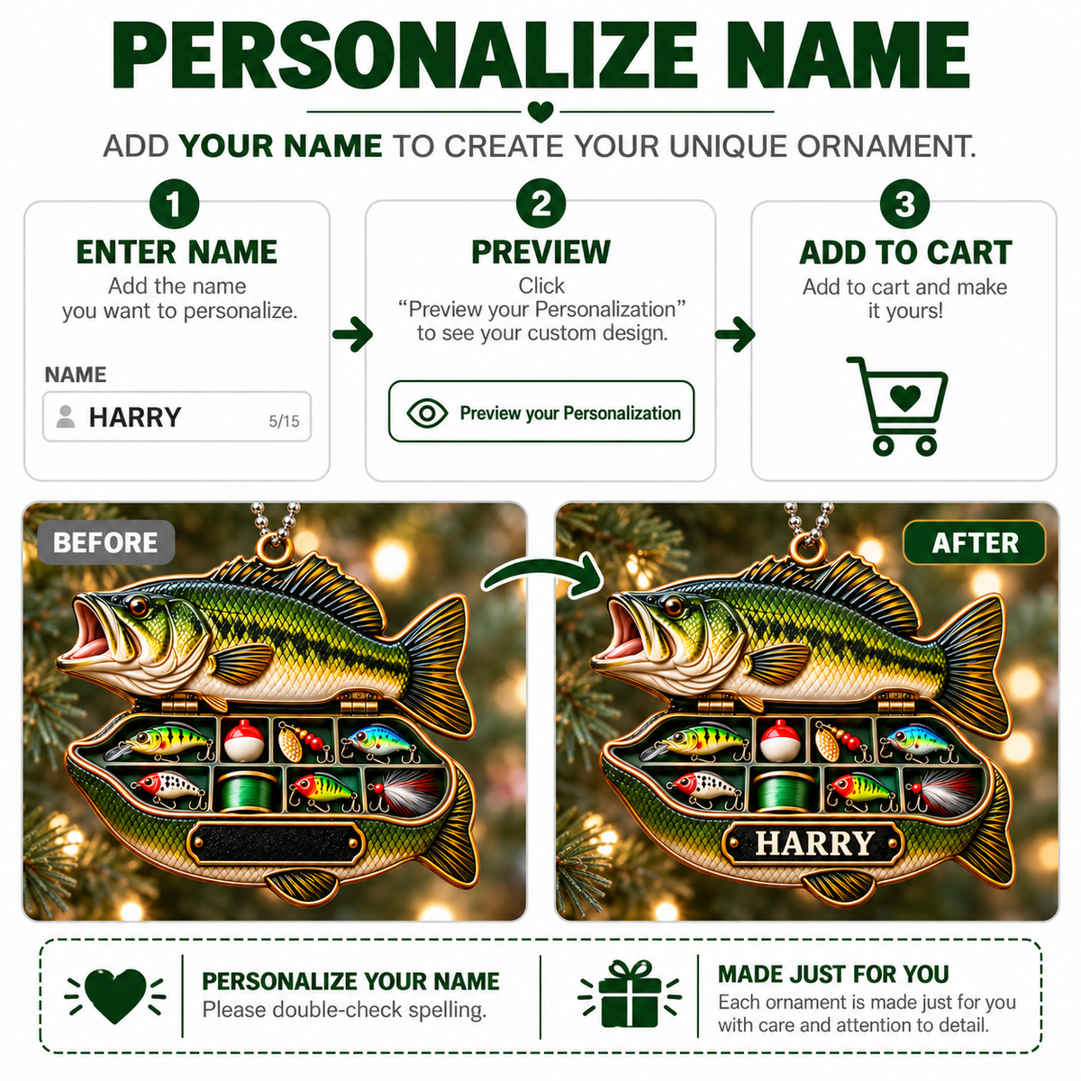 3D Raised Personalized Name Bass Fishing Tool Box Ornament – Gift for Him & Her