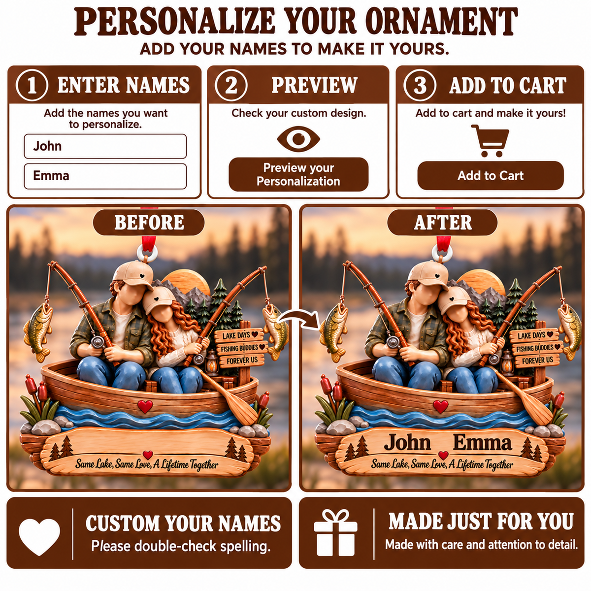 3D Raised Personalized Names Ornament - Fishing Buddies Ornament – Gift for Couples