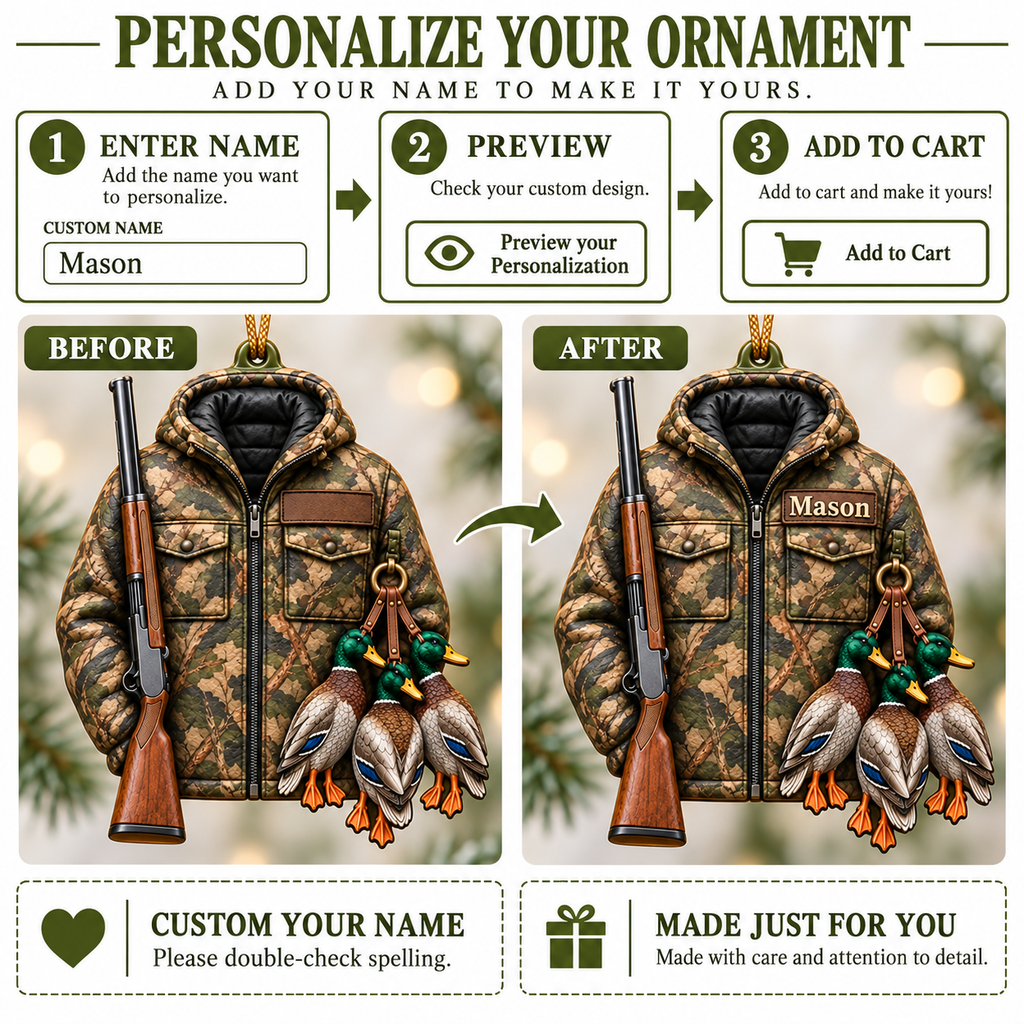 3D Raised Personalized Name Ornament - Mallard Ducks and Camo Jacket Ornament - Gift for Waterfowl Hunting Lovers