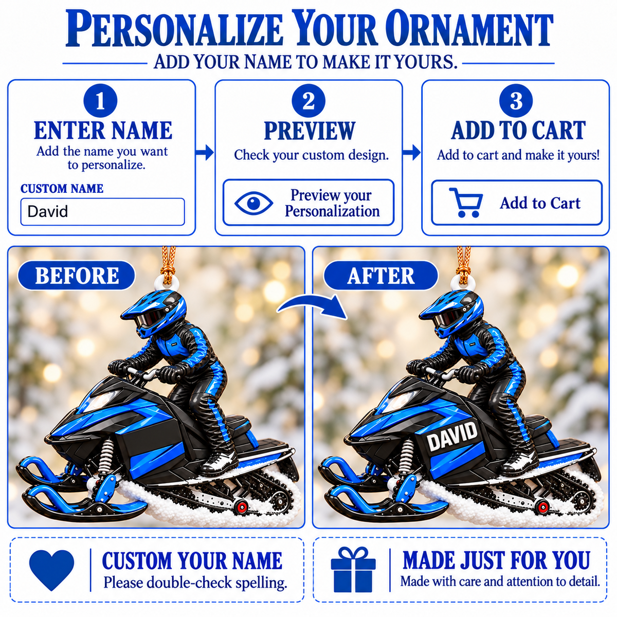 3D Raised Personalized Snowmobile Racing Ornament – Christmas Gift for Him