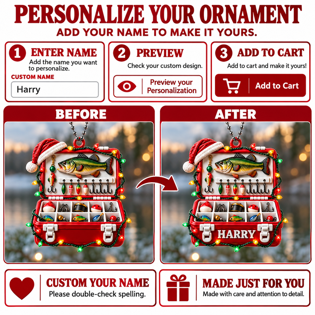 3D Raised Personalized Fishing Tackle Box Xmas Ornament - Gift for Fishing Lovers