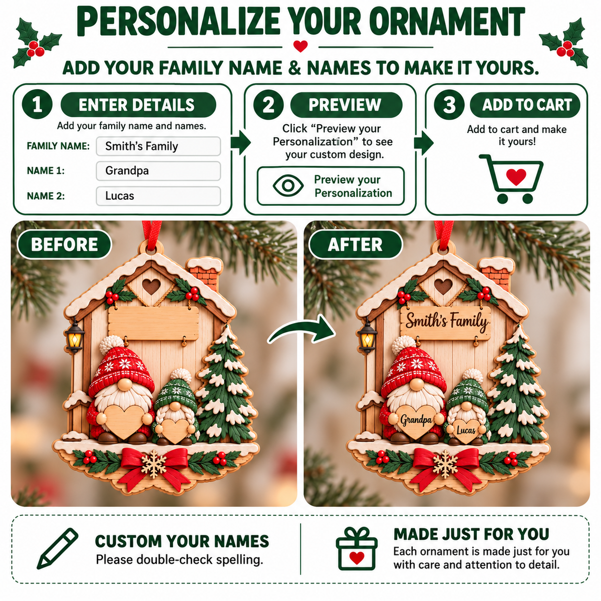 3D Raised Personalized Name Gnome Family Christmas Ornament