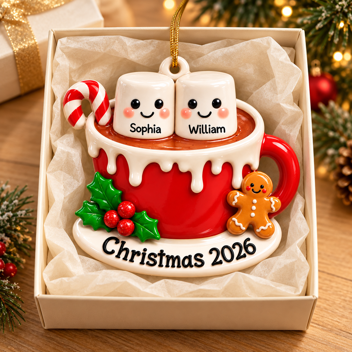 3D Raised Personalized Names Ornament – Hot Cocoa Marshmallow Couple Christmas Gift