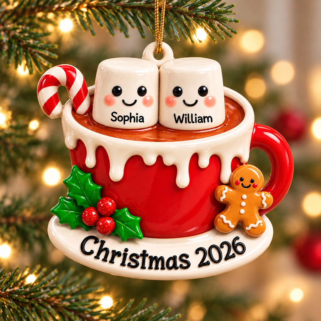 3D Raised Personalized Names Ornament – Hot Cocoa Marshmallow Couple Christmas Gift