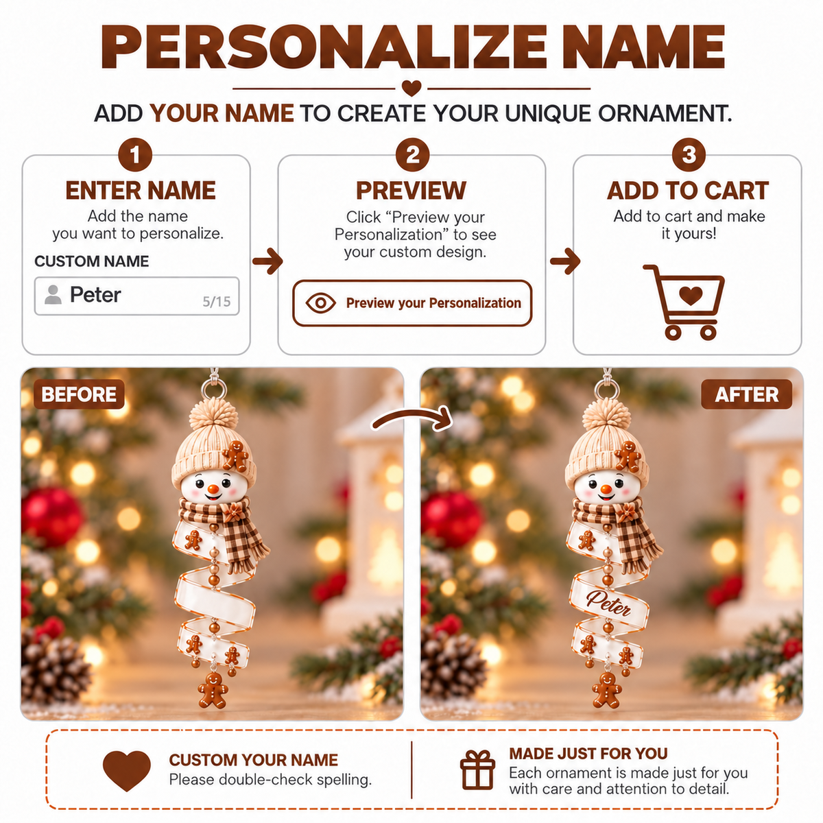 Personalized Name Snowman Xmas Ornament - Christmas Gift for Him & Her