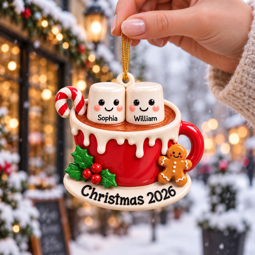 3D Raised Personalized Names Ornament – Hot Cocoa Marshmallow Couple Christmas Gift