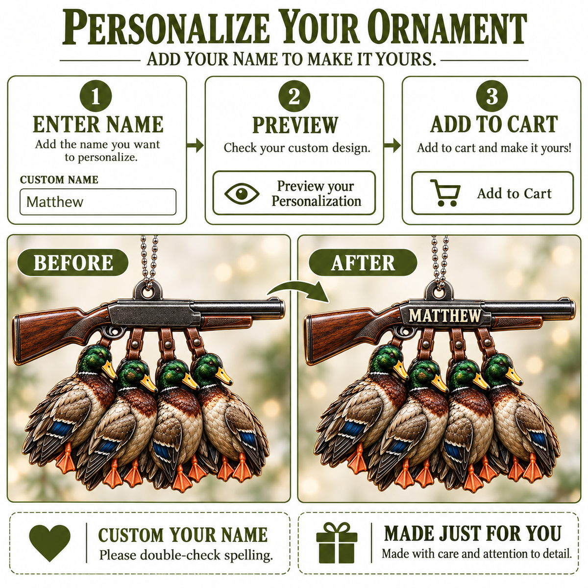3D Raised Personalized Name Ornament - Hunting Mallard Ducks Ornament - Gift for Him