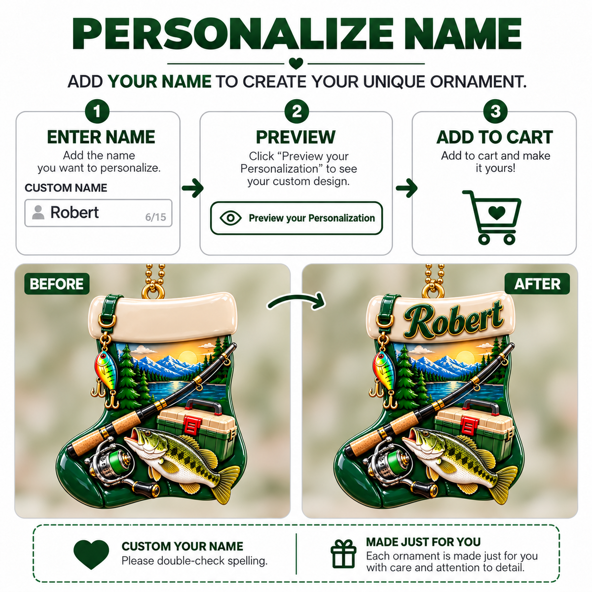 3D Raised Personalized Name Fishing Wader Ornament - Ideal Gift for Him