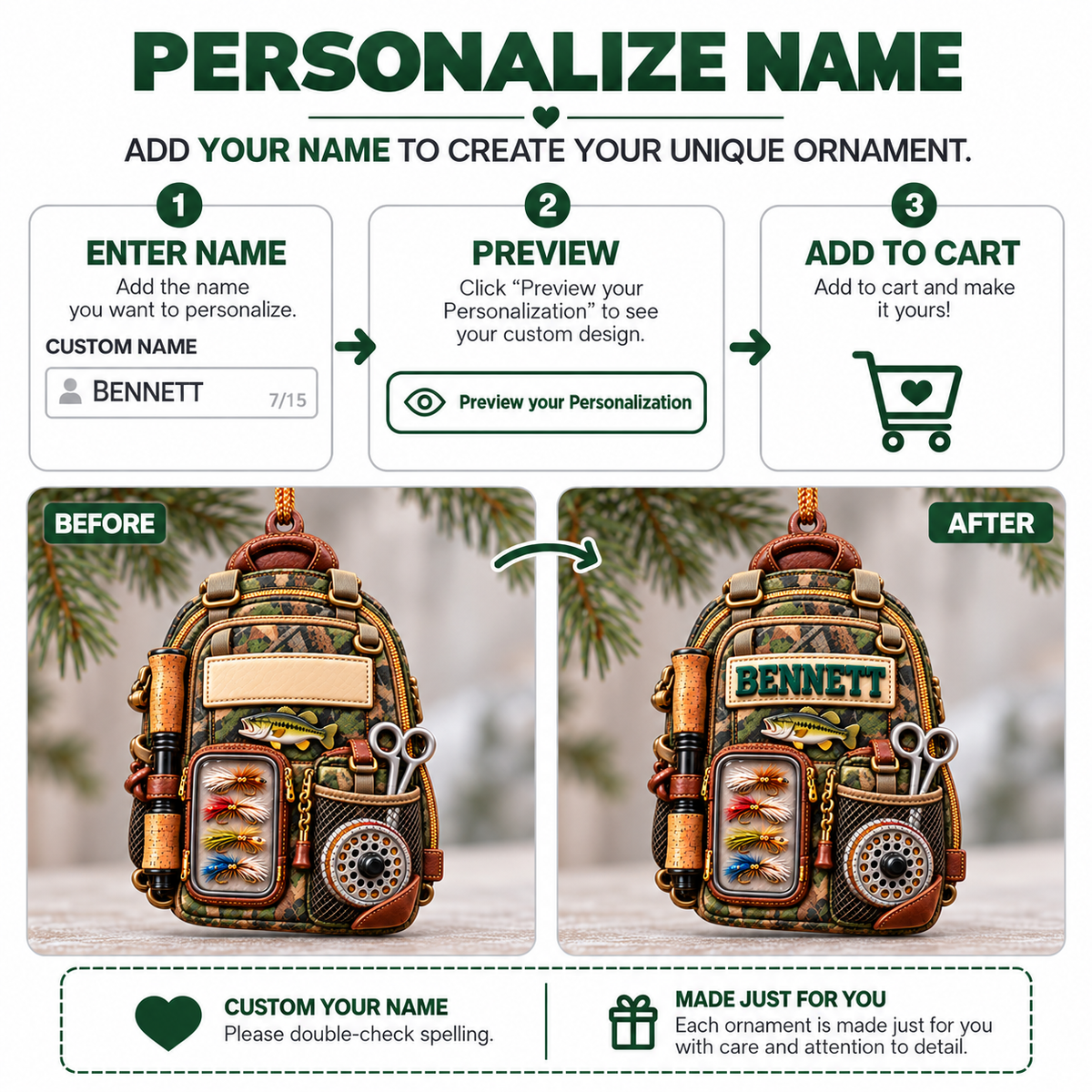 3D Raised Personalized Name Fishing Tool Bag Ornament - Ideal Gift for Him & Her
