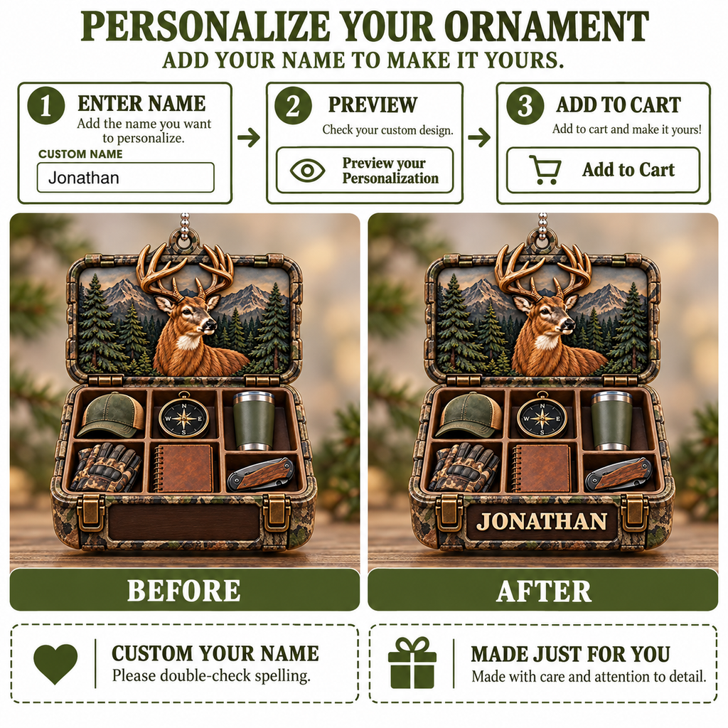 3D Raised Personalized Name Ornament - Hunter Gear Box Ornament Gift for Him