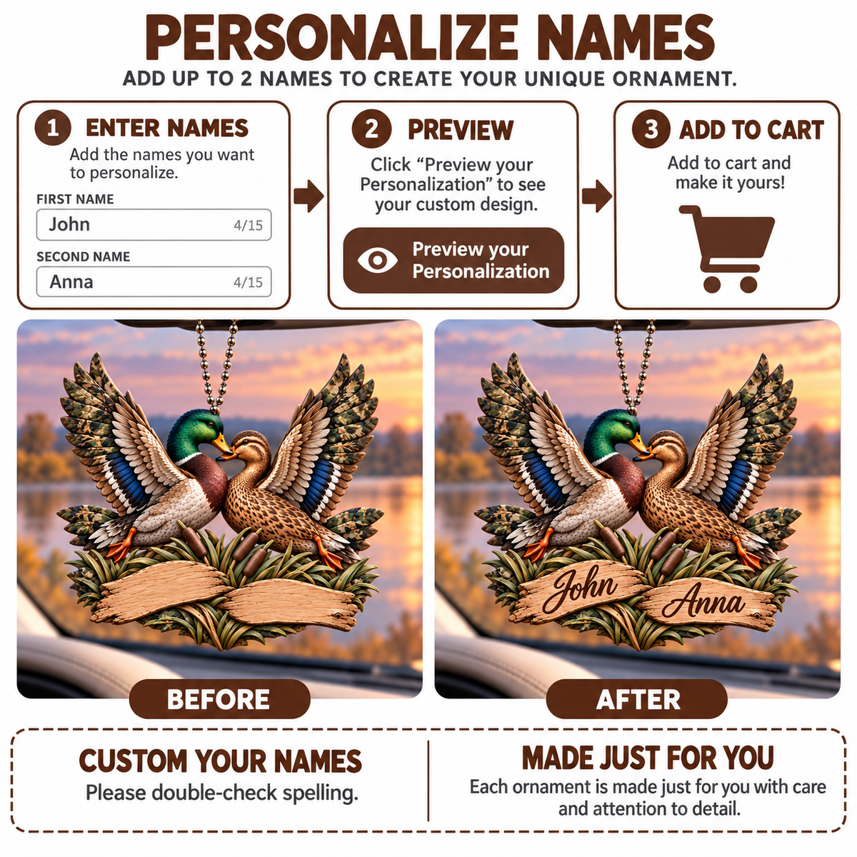 Personalized Names Mallard Duck Flying Couple Ornament - Anniversary Gift