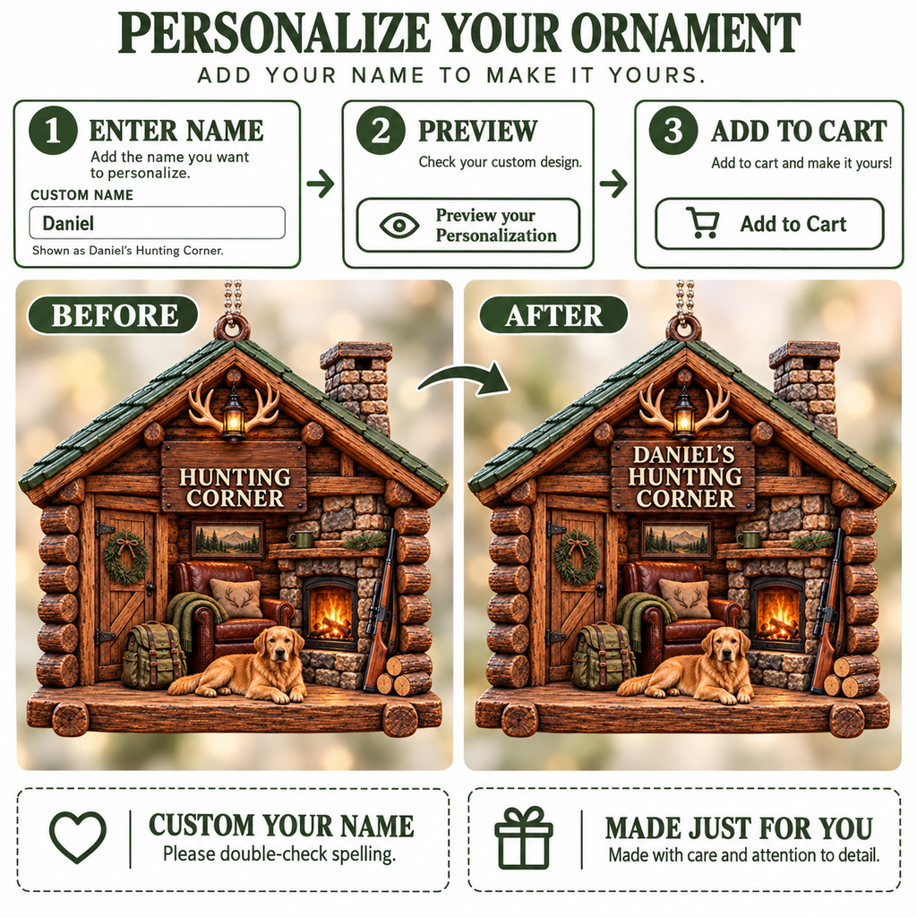 3D Raised Personalized Name Ornament - Hunter Corner Chalets Ornament Gift for Him & Her