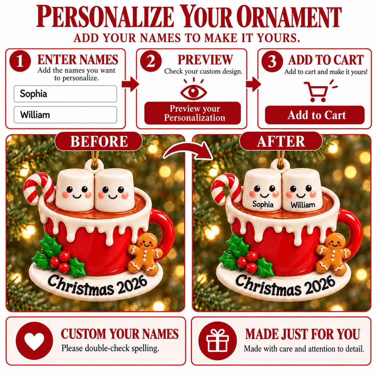 3D Raised Personalized Names Ornament – Hot Cocoa Marshmallow Couple Christmas Gift