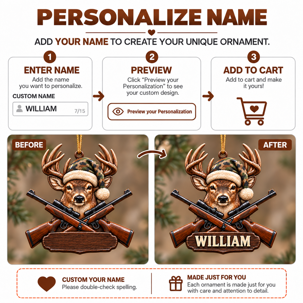 3D Raised Personalized Name Camo Hunting Deer Ornament - Gift for Hunting Lovers