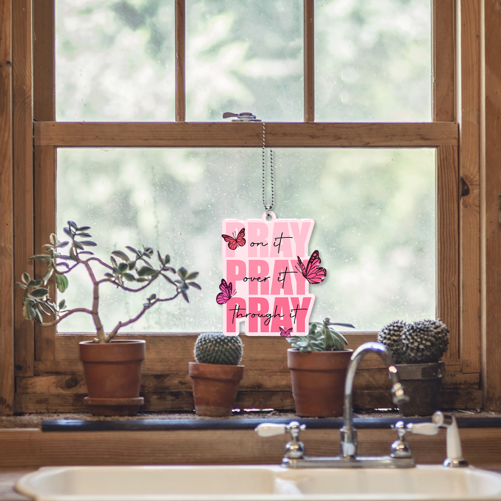 Pray On It Pray Over It Pray Through It Pink Butterflies Christian Ornament Gift Christmas Ornament Car Hanging