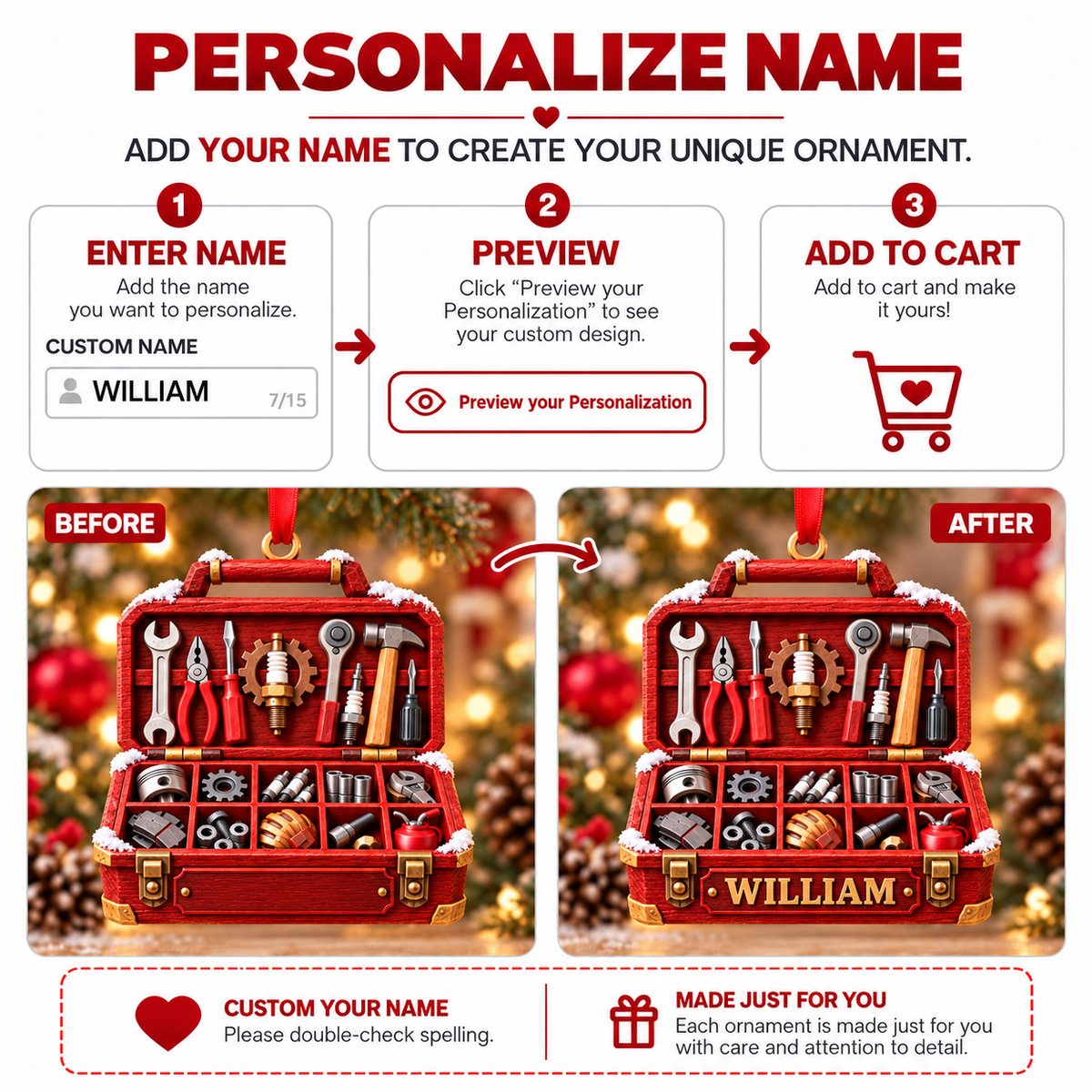 3D Raised Personalized Mechanic Toolbox Christmas Ornament - Gift for Him
