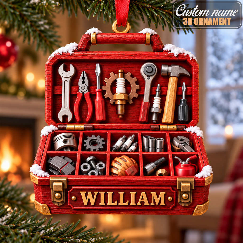 3D Raised Personalized Mechanic Toolbox Christmas Ornament - Gift for Him