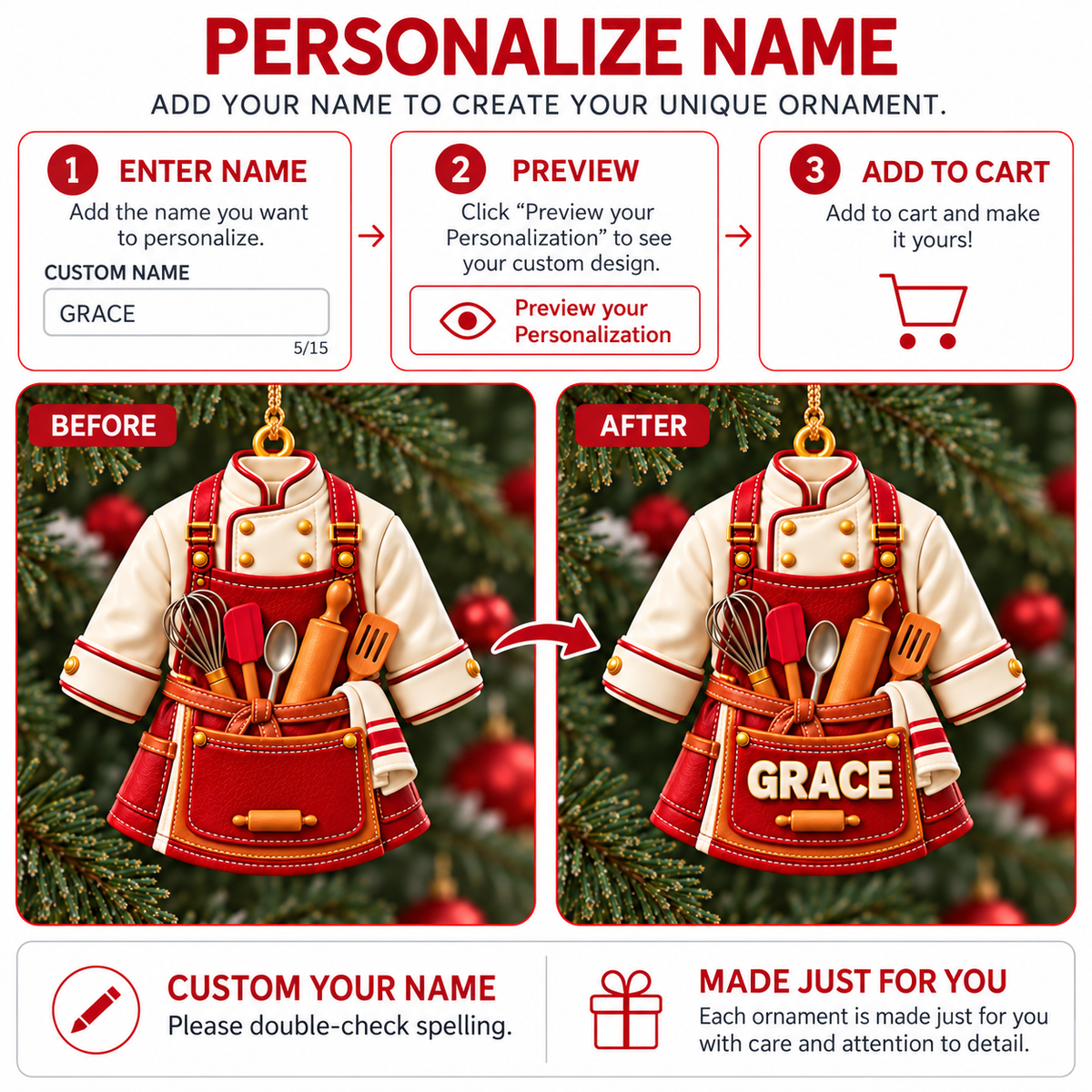 Personalized Name 3D Raised Baker Uniform Ornament